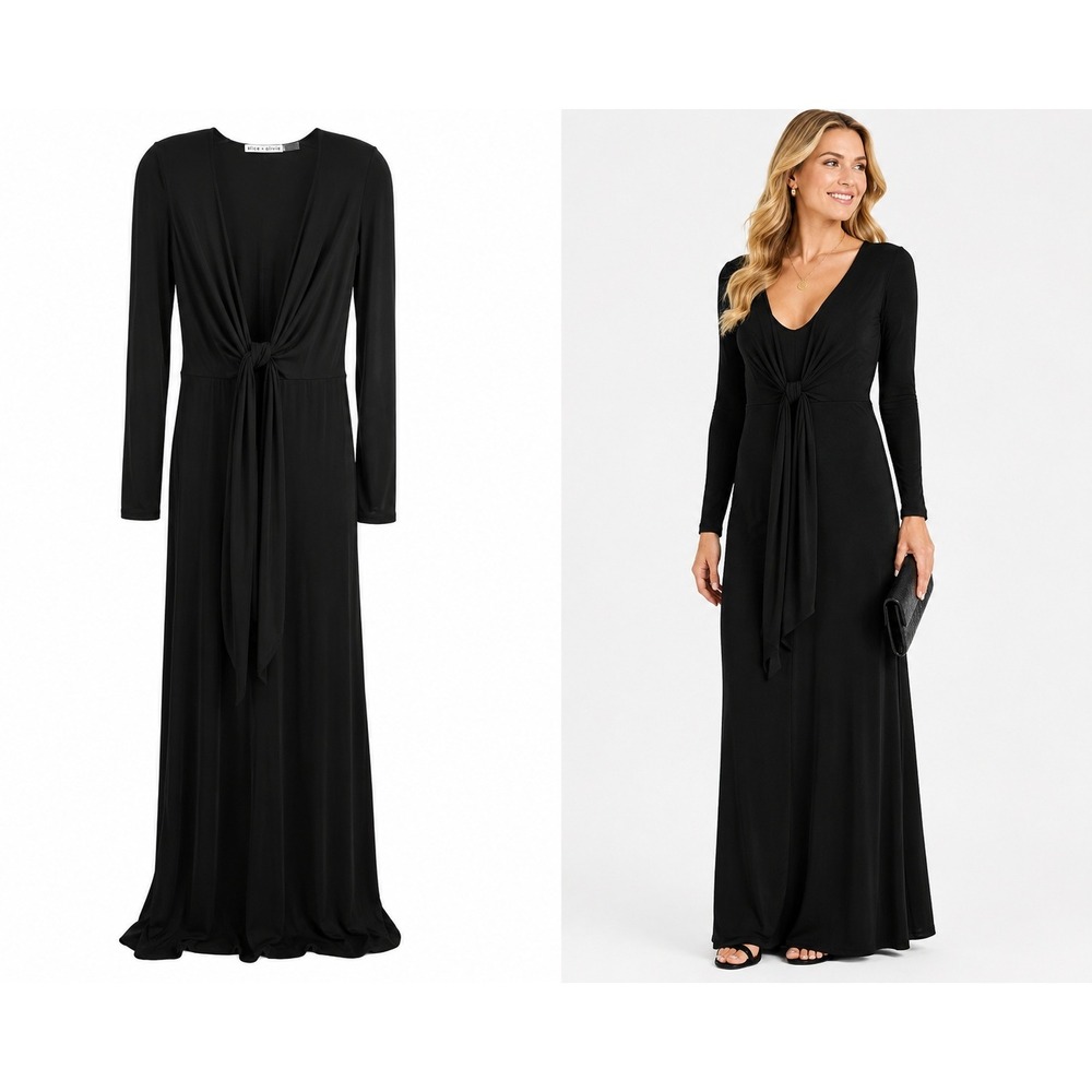 Alice + Olivia Dress Women S Black Long Sleeve Front Knot Tie V-Neck‎ Maxi Gown